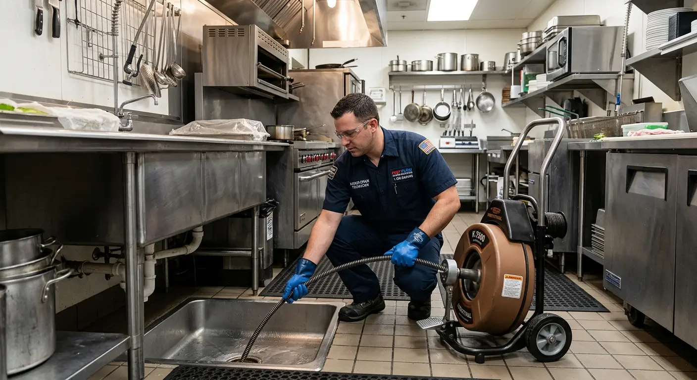 Commercial drain cleaning service in a restaurant kitchen in Bedford